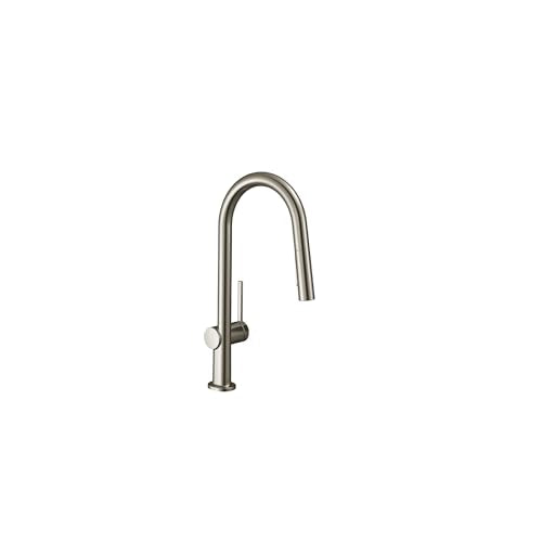 Steel optic kitchen faucet with high arc spout and pull-down spray head.