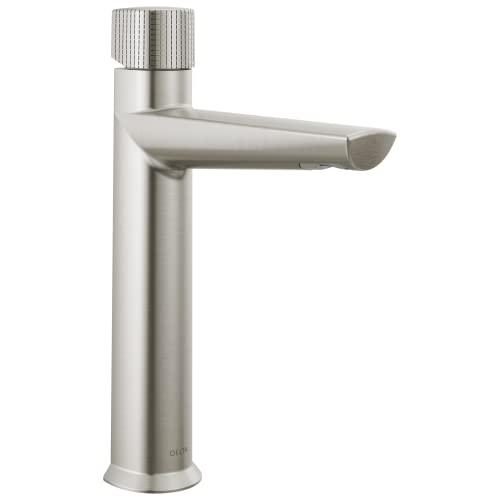 Brushed nickel single-handle bathroom faucet with knurled knob and angled spout.
