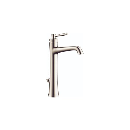 Polished nickel single-hole bathroom faucet with curved spout and lever handle.