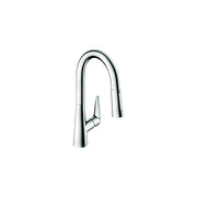 Chrome kitchen faucet with tall curved spout and pull-down sprayer head.