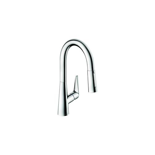 Chrome kitchen faucet with tall curved spout and pull-down sprayer head.