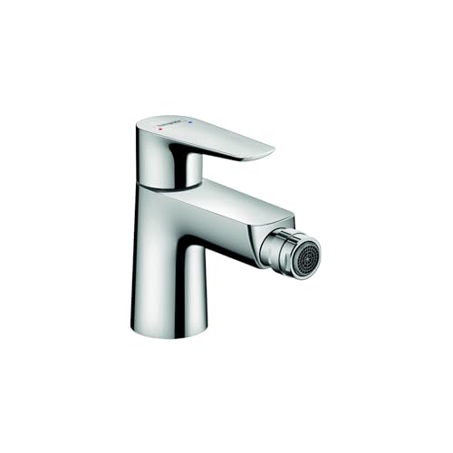 Chrome single-hole bidet faucet with angled spout and integrated spray control.