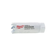 Milwaukee HOLE DOZER 3/4" hole saw with carbide teeth cutting edges and white plastic body.