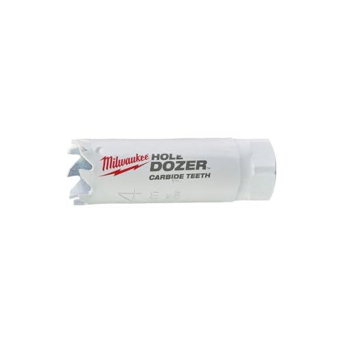 Milwaukee HOLE DOZER 3/4" hole saw with carbide teeth cutting edges and white plastic body.