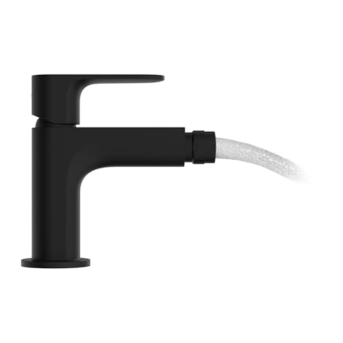 Matte black single-hole bidet faucet with curved spout and water stream visible.