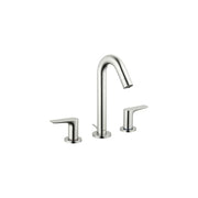 Brushed nickel widespread bathroom faucet with curved spout and two lever handles on either side.