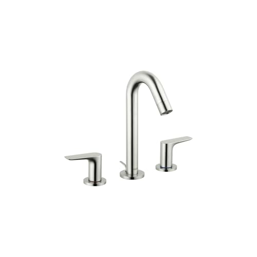 Brushed nickel widespread bathroom faucet with curved spout and two lever handles on either side.