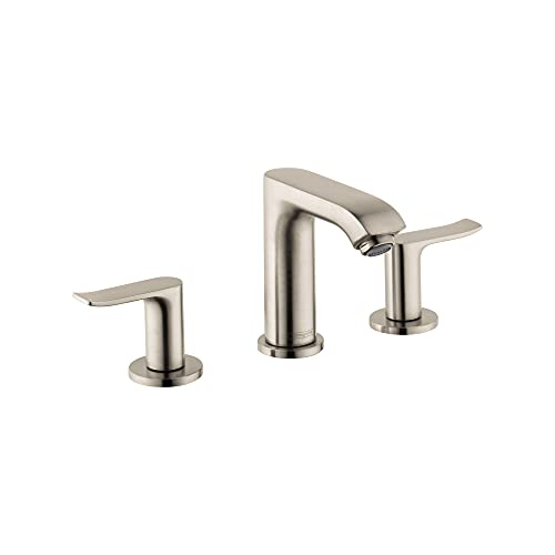 Brushed nickel widespread bathroom faucet with curved central spout and lever handles on each side.