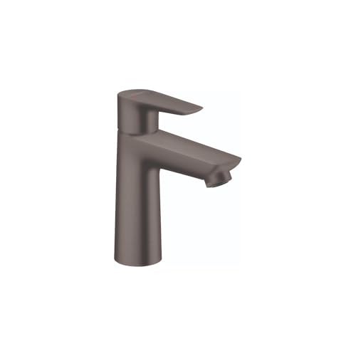 Brushed black chrome single-hole bathroom faucet with curved spout and lever handle.