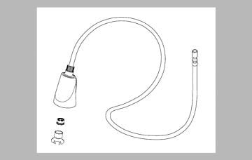 Stainless steel pull-down spray head with curved hose and mounting hardware components.
