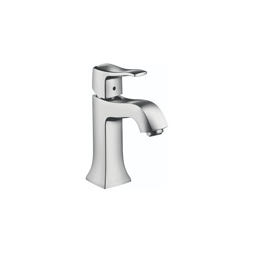 Chrome single-hole bathroom faucet with curved spout and squared lever handle.