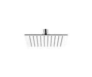 Square matte black rainfall showerhead with multiple spray jets and chrome connector, viewed from below.