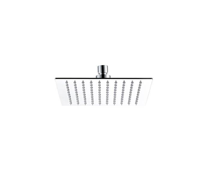 Square matte black rainfall showerhead with multiple spray jets and chrome connector, viewed from below.