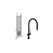 Matte black high-arc kitchen faucet with pull-down sprayer and integrated sBox cartridge system.