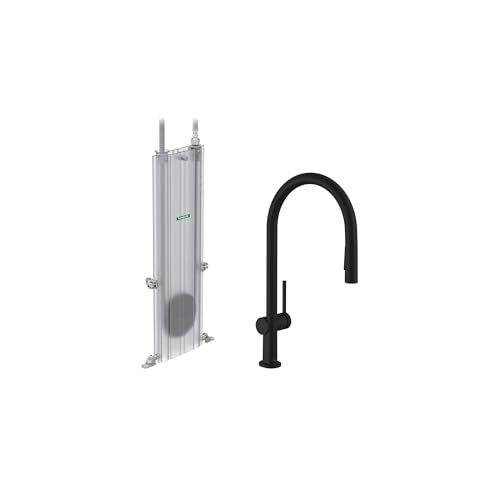 Matte black high-arc kitchen faucet with pull-down sprayer and integrated sBox cartridge system.