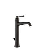 Matte black single-hole bathroom faucet with tall spout, lever handle, and pop-up drain mechanism.