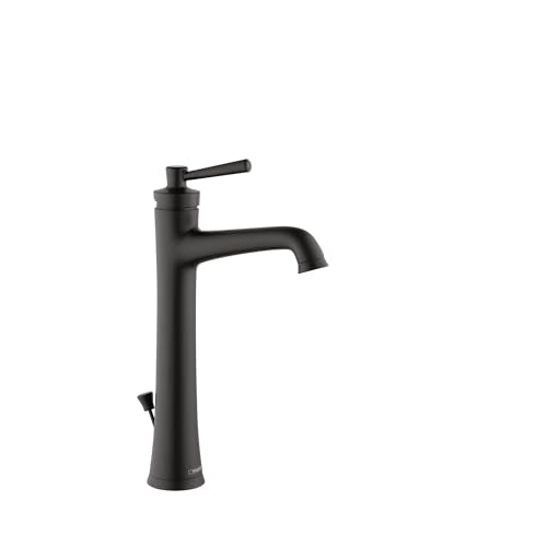 Matte black single-hole bathroom faucet with tall spout, lever handle, and pop-up drain mechanism.