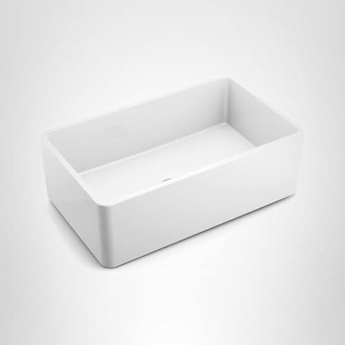 White fireclay apron front single bowl undermount kitchen sink with rounded corners and drain hole.