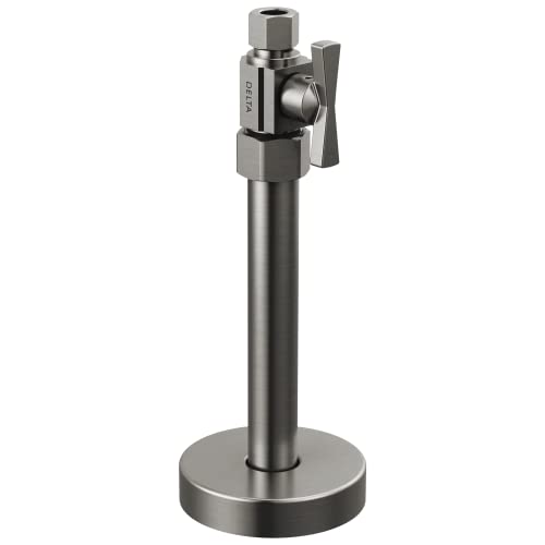 Chrome and black straight supply stop valve with lever handle and round base mounted on vertical rod.