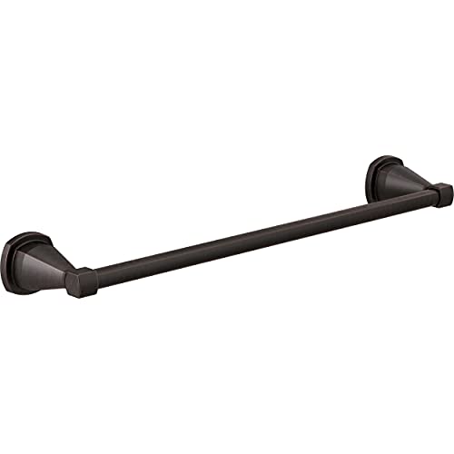 Black metal towel bar with decorative end caps on a white background.