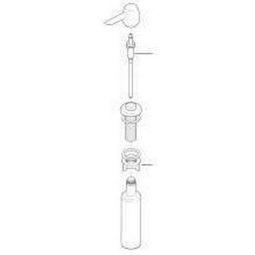 Stainless steel soap and lotion dispenser with pump mechanism and refillable bottle shown in exploded view.