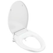 White elongated bidet toilet seat with closed lid and manual control lever on side.