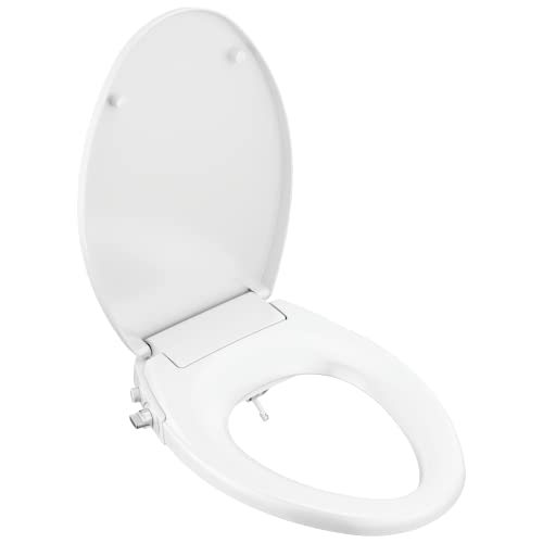 White elongated bidet toilet seat with closed lid and manual control lever on side.