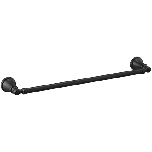 Matte black metal towel bar with decorative spherical end caps mounted horizontally.