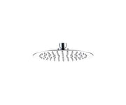 Round brushed nickel showerhead with multiple spray holes and ceiling mount connector.