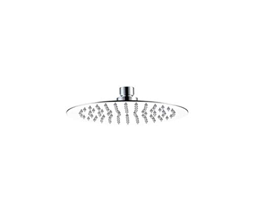 Round brushed nickel showerhead with multiple spray holes and ceiling mount connector.
