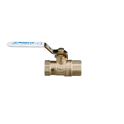 Brass 2-inch ball valve with female threaded ports and lever handle, packaged with Watts branding label.
