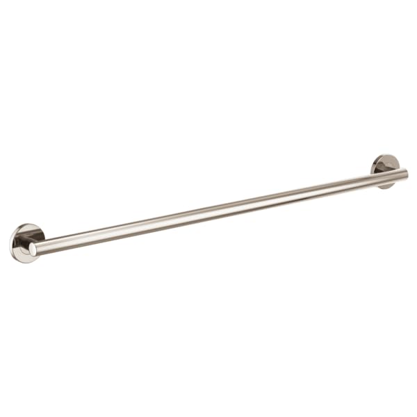 Stainless steel straight grab bar with round cylindrical design and circular wall-mounted end brackets on both sides.