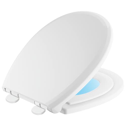White round toilet seat with blue nightlight feature and quick-release hinges.