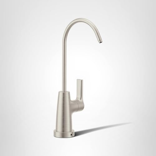 Stainless steel drinking water faucet with curved spout and single lever handle.