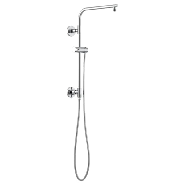 Chrome shower column with curved overhead arm, handheld showerhead, and wall-mounted controls.