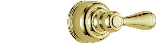 Polished brass metal lever handle kit for tub and shower with cylindrical handle and decorative trim ring.