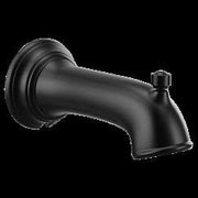 Matte black diverter spout with curved design and wall-mounted circular flange.