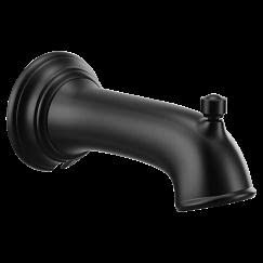 Matte black diverter spout with curved design and wall-mounted circular flange.
