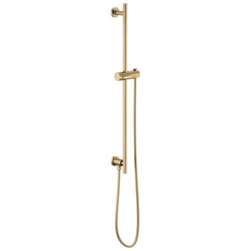 Champagne bronze slide bar shower system with adjustable handshower holder and attached hose.