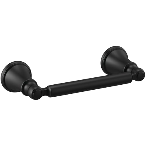 Black metal tissue holder with rounded mounting flanges on each end and a cylindrical bar.