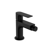 Matte black single-hole bidet faucet with angular spout and cylindrical body.