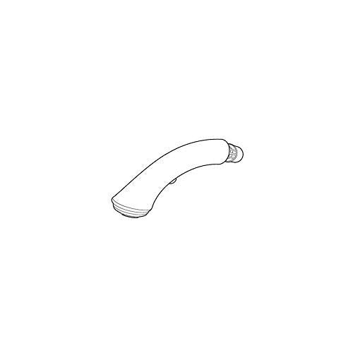 Curved stainless steel faucet wand assembly with pull-out spray head and flexible hose connection.