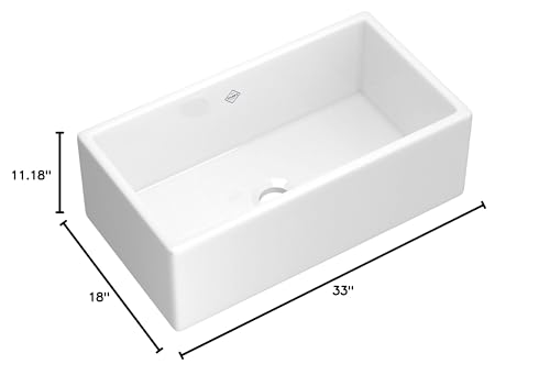 White fireclay farmhouse apron front kitchen sink with single rectangular bowl and dimensions of 33"W x 18"D x 11.18"H.
