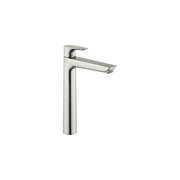 Brushed nickel single-hole bathroom faucet with tall cylindrical body and horizontal spout.