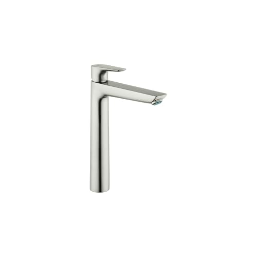 Brushed nickel single-hole bathroom faucet with tall cylindrical body and horizontal spout.