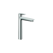 Chrome single-hole bathroom faucet with tall spout and lever handle.