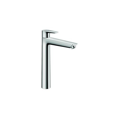 Chrome single-hole bathroom faucet with tall spout and lever handle.