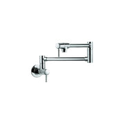 Chrome wall-mounted pot filler faucet with articulating arm and single lever control.