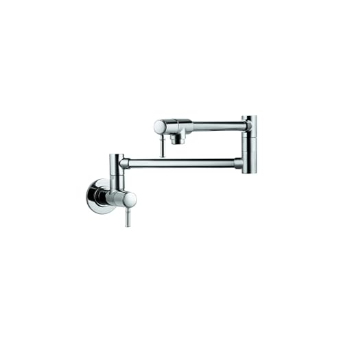 Chrome wall-mounted pot filler faucet with articulating arm and single lever control.