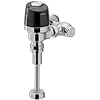 Polished chrome bathroom faucet with black handle and sensor-activated valve on white background.
